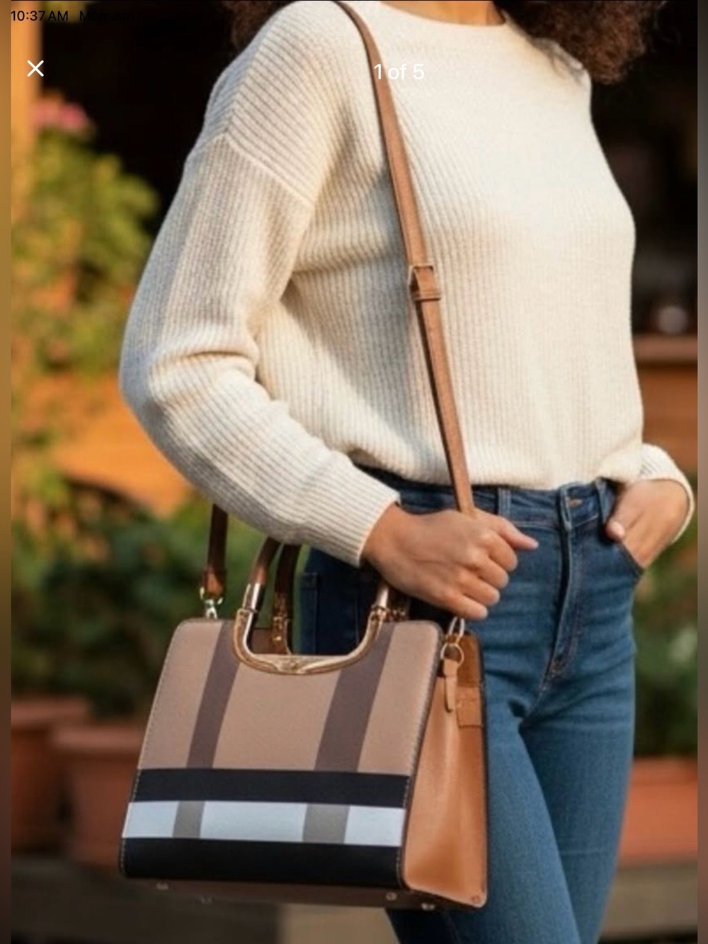 Vegan Approved Structured Stripe Top-Handle Satchel in Taupe and Tan